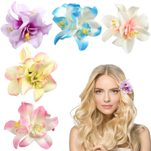 5 Stück Hawaii Haarschmuck,Blumen Haarklammer Damen,Doppelte Orchideen Haarspange Blume,Orchidee Haarschmuck und Ansteckblum für Frauen Brautjungfern Strandparty Hochzeiten Urlaub