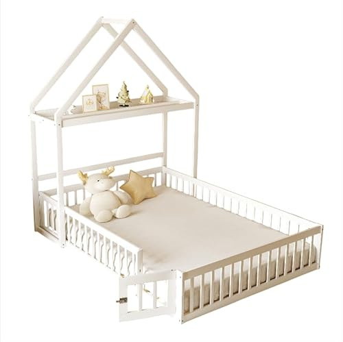 Goldicoo Montessori Bodenbett Hausbett 140X200 - Kinderbett aus Holz mit Rausfallschutz, Lattenrost und Regal, Gitterbett mit Tür