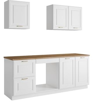 Vente-unique-Cocina Completa - con encimera de 200 cm - Blanco y Natural - CELOMIA