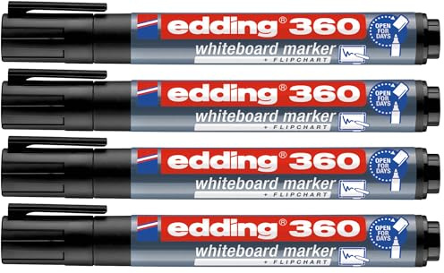 edding 360 Whiteboardmarker - bunte Farben - 4 Whiteboard Stifte - Rundspitze 1,5-3 mm - Boardmarker abwischbar (schwarz, 4er Set)
