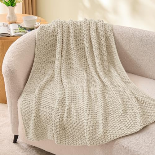 BEDELITE Chunky Cable Knit Throw Blanket, Acrylic Chunky Knitted Blankets, Super Soft Cozy Woven Beige Throw Blanket for Sofa Couch Bed Room Home Decor, Gift for Women, 50x60