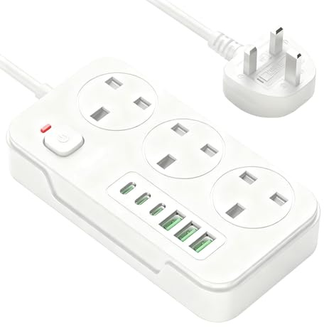 AOUOO Extension Lead with 3 USB Slots (3.4A) and 3 C, 3 Way Plug Extension Socket Surge Protection Power Strip with 2M Extension Cable, 13A/3250W Switch Surge Protected Power Strips for Home -White