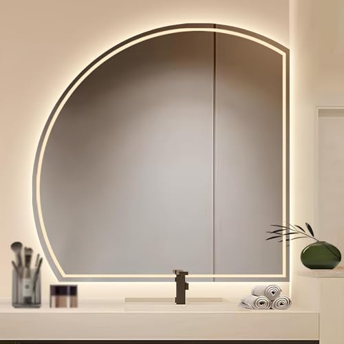 Specchio da parete illuminato a mezzaluna per trucco e rasatura, specchio da toeletta per bagno con luci dimmerabili a 3 colori, antiappannamento, antideflagrante (destra, 70 cm/27,5 pollici