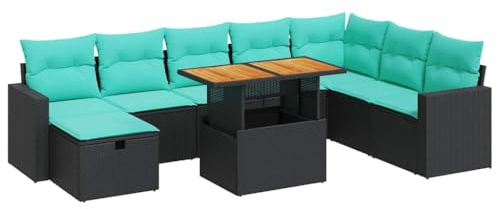 vidaXL 9-teiliges Gartensofa-Set mit schwarzen Kissen und Akazienrattan für den Außenbereich, Gartenmöbel, PE-Rattan-Sofa, Terrassensofa