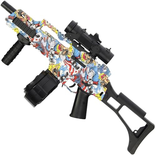 Electric Gel Blaster Water Bullet Gun – Full Auto & Semi-Auto Modes, 7.4V Rechargeable Battery, High Capacity Drum Magazine, Includes 10k Gel Balls – Graffiti Colour for Ages 14+ (Yellow Graffiti)