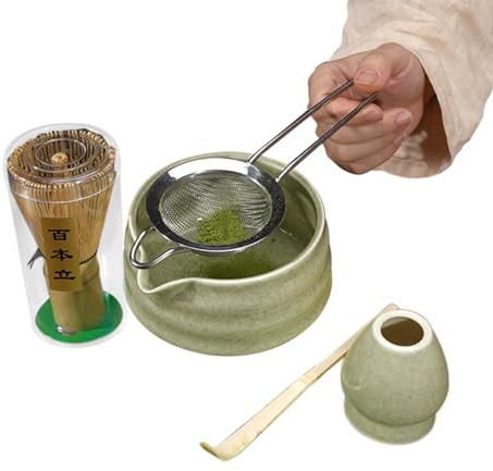- Ensemble fouet et pelle - Ensemble de thé 5 pièces - Chasen japonais traditionnel avec cuillère et support, outils de préparation authentiques | Parfait pour les amoureux, les débutants, la famille