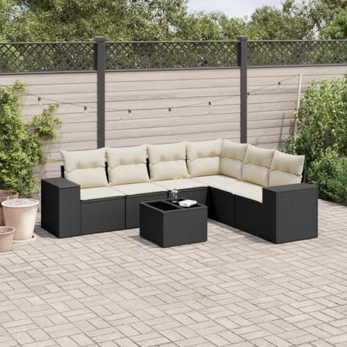 QJBSAVVA 7-teiliges Garten-Sofagarnitur aus schwarzem Poly-Rattan 250x250 cm mit Tisch aus Hartglas, platzsparendes Balkonmöbel-Set für kleine Balkone, Terrasse oder Garten, modular