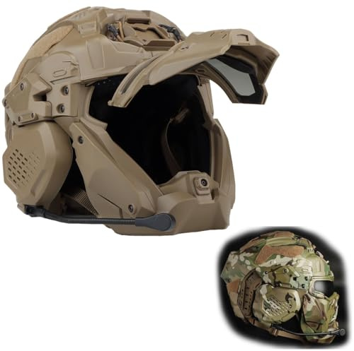 PBTMCD Taktischer Vollschutzhelm Mit Integriertem Headset, Antibeschlag-Lüfter, Hochklappbarem Visier Und Doppellinsensystem(T)