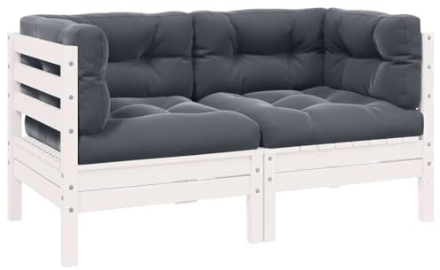 kithwjll Gartensofa 2-Sitzer Weiß Massivholz Kiefer, Modulares Outdoor Sofa mit Anthrazit Kissen, Wetterfeste Garten Lounge für Balkon, kleine Gärten, Terrassen