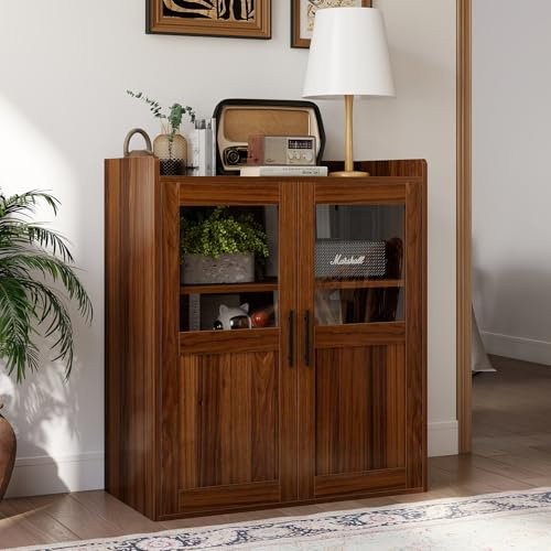 CANMOV Sideboard Buffet Cabinet with Storage,Coffee Wine Bar Cabinet with 3 Shelves and Glass Door,Wood Mid Century Modern Accent Cabinet for Living Room,Kitchen,Dining Room,Walnut