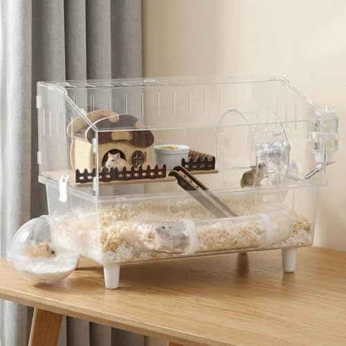 Akrylhamsterbur, stor hamsterbur med öppet lock, 45 x 28 x 34 cm, helt transparent hamsterbur med svamphusdekorationer, musbur, lämplig för 5 till 8 hamstrar