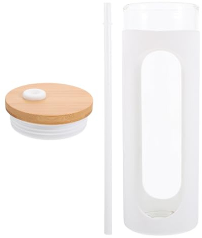 NIYANGLE 1set Bicchiere in Vetro con Tappo e Cannuccia Bottiglia con Fondo Piatto e Guscio in Silicone Contenitore Trasparente per Bevande Fredde come Succo Tè e Latte Riutilizzabile