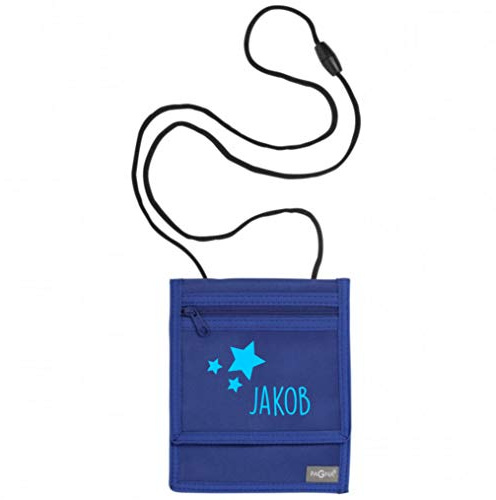 minimutz Brustbeutel mit Namen | Motiv Sterne inkl. Namensdruck personalisiert & Bedruckt | Geldbörse Kindergeldbeutel Münzfach für Kinder Jungen Mädchen mit Klettverschluss zum Umhängen (dunkelblau)