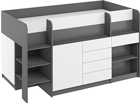 BIM Furniture Etagenbett Smile L Kindermöbel, Möbelset für EIN Kinderzimmer, EIN Bett mit Schreibtisch, Regalen, Schubladen: Linke Seite (Graphit/Weiß)