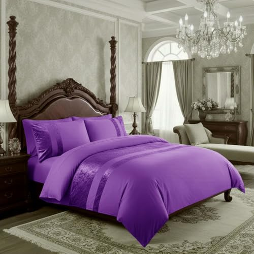 Casabella Luxury Crushed Velvet Panel Band Duvet Cover Sets with Pillow Case Double Duvet cover Bedding Set – Purple Crush Velvet Double Duvet Cover Sets