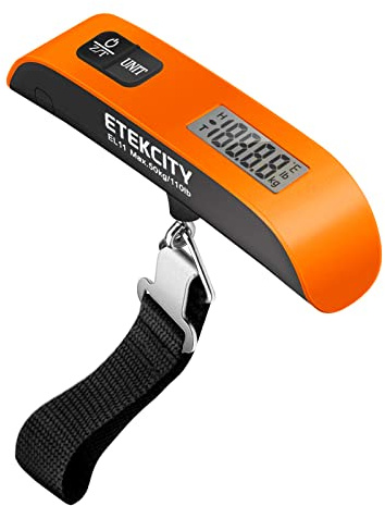 Etekcity Luggage Scale, Travel Essentials, Digital Weight Scales for Travel Accessories, Portable Handheld Scale with Temperature Sensor, Rubber Paint, 110 Pounds, Battery Included,Orange