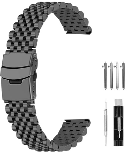 SINAIKE Gebürstet Poliert 20mm 22mm Metal Uhrenarmband für Herren Damen, 7 Perlen Schnellspanner verjüngte Edelstahl Uhrenarmbänder Armband Ersatz Armband mit Doppelverschlüssen Schwarz Silber