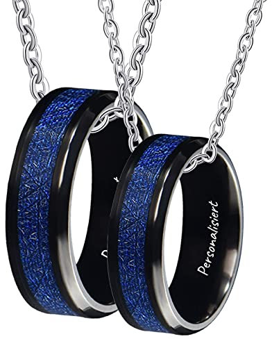 Dsnyu Partner Ketten mit Gravur, Karbonfaser Einlegen Halsketten Männer 50CM/ 60CM, Schwarz Blau Edelstahl Kette