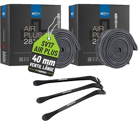 2er Set Schwalbe Fahrrad Schlauch SV17 Air Plus 40mm für 28 Zoll (37/47-622/635) inklusive 3 MSZweirad Metall Reifenheber
