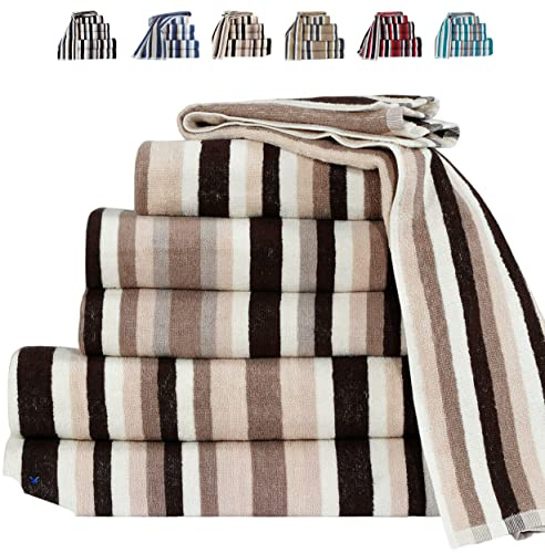TheWhiteWater – 9-Piece 100% Natural Cotton Towel Bale Set – Brown Striped Hand Towels, Bath Towels & Bath Sheets – Soft, Quick Dry, 550 GSM, 6 Thread Combed Cotton – Bathroom, Gym, Beach Use