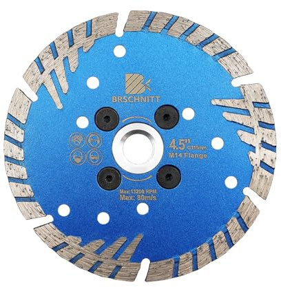 BRSCHNITT Disque à tronçonner diamanté 115 mm x M14 Turbo Lame de scie avec dents de protection Disque diamant avec bride pour couper, meuler, granit, marbre, béton, carrelage