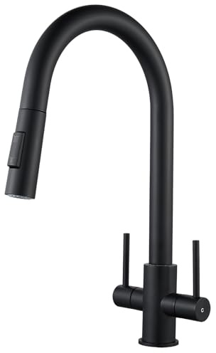 Kitchen Tap with Pull Out Sprayer NewEast Swan Neck Kitchen Sink Mixer Tap Matt Black Dual Lever Swivel Spout Monobloc Kitchen Faucet