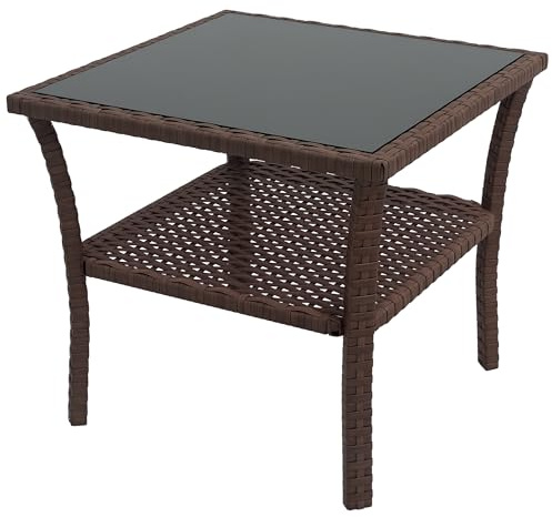 Outsunny 50cm Outdoor PE Rattan Coffee Table, Patio Wicker Two-tier Side Table with Glass Top, for Patio, Garden, Balcony, Brown