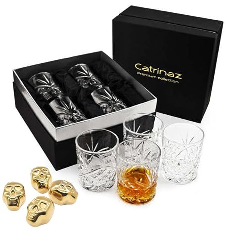 Catrinaz® - Juego de vasos de whisky de lujo, incluye 4 vasos de whisky de 300 ml, 4 piedras de whisky de acero inoxidable, bolsa de almacenamiento de terciopelo, caja de regalo de lujo, regalo único