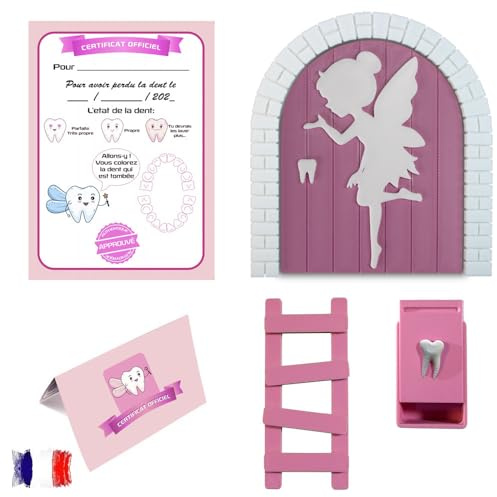 Myfuturshop® Magische Zahnfeentür, Box mit Leiter und 4 Zahnzertifikaten, französische Version, einzigartiges Geschenk für Jungen und Mädchen