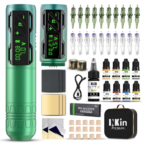 INKin Tattoo Maschine Set mit 4.0 Hub Gun 2pcs 1800mAh Akkus für Anfänger | 7 Stunden Lang Betrieben Werden, Tattoo Zubehör Set mit 36 stück Tattoo Nadeln Set Und 9 Tattoo Ink Für Tattoo Künstler