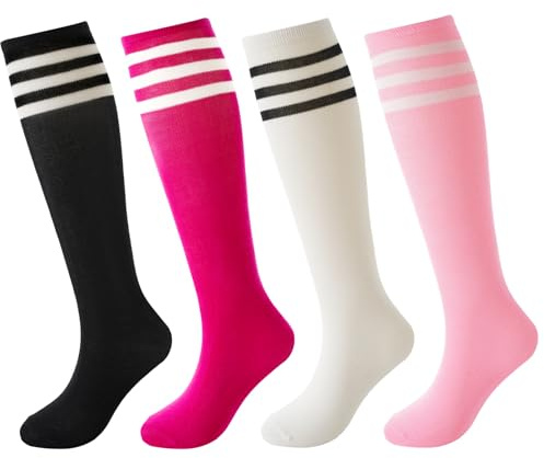 BISOUSOX 4 unisex fotbollsstrumpor för 6-12 år knähöga bomullsrandiga strumpor Present till barn