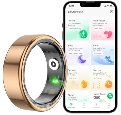 Smart Ring Uomo Donna, Sonno Cardiofrequenzimetro Anello Ossigeno Nel Sangue Pedometro Contatore Calorie IP68 Fitness Tracker Impermeabile(Gold,59.5mm)