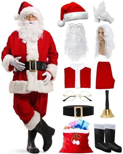 Mukum 11PCS Santa Claus Costume for Men Set, Professional Santa Costume Adult Men Santa Suit Outfit for Christmas with Santa Wig Hat Gloves Bell Red Plush Bag-XXL
