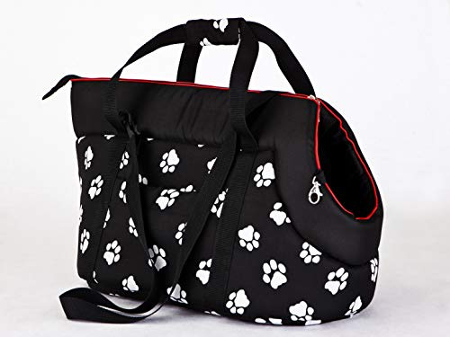 Hundetragetasche – Hundetransporttasche für kleine Hunde und Katzen bis 5 kg - praktische Transporttasche - Hundetasche - 25 x 50 x 27 cm - Schwarz mit Pfoten