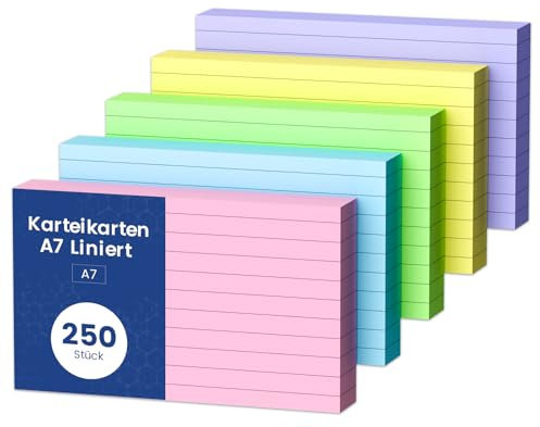 Karteikarten A7 Liniert, 250 Stück A7 Karteikarten Vokabelkarten, Bunt Lernkarten Beschriftbar Liniert Flash Cards A7 Verdickter Karteikarte, Klein Karteikarten für Vokabeln Rezepte Englisch Vokabeln