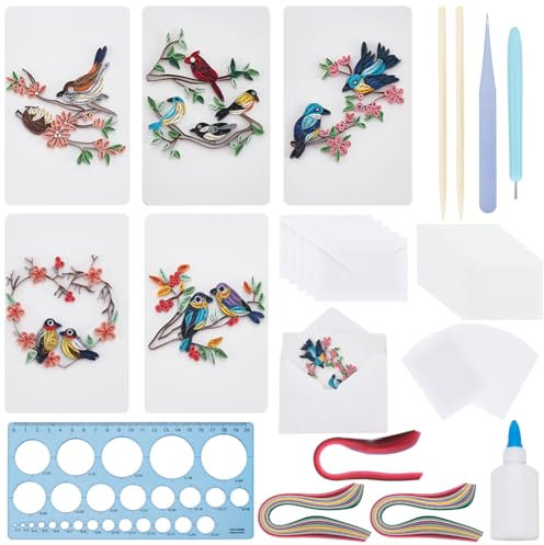 WEBEEDY 20 Sets Papier Quilling Kit für Erwachsene Anfänger DIY 5 Styles Vogel Liebe Grußkarte Making Kit mit Anleitung Handgemachte Vogel Blume Quilling Karte für Liebe, Valentinstag, Hochzeit