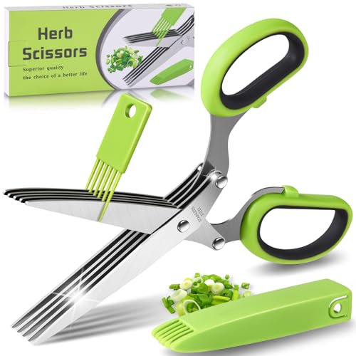 Forbici per Erbe Aromatiche, Forbici da Cucina a 5 Lame in Acciaio Inox con Coperchio di Sicurezza e Pettine per la Pulizia, Forbici per Spezie Verdure per Erbe Aromatiche, Erba Cipollina, Prezzemolo