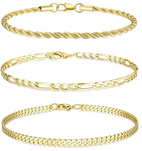 JeweBella 3 Piezas Pulsera Hombre Acero Inoxidable Plata Oro Pulseras Cadena Figaro Cuerda Apilable Robusto Duradero Regalos Joyería para Papá Esposo Hijo Regalo Aniversario Hombre 19/21/23CM