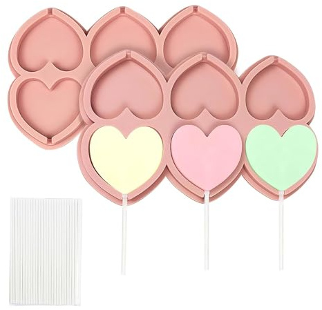CONGGUAN 2-Pack Silicone Heart Lollipop Molds 6 Cavity Chocolate Candy Molds for Valentine's Day with 20 Sticks