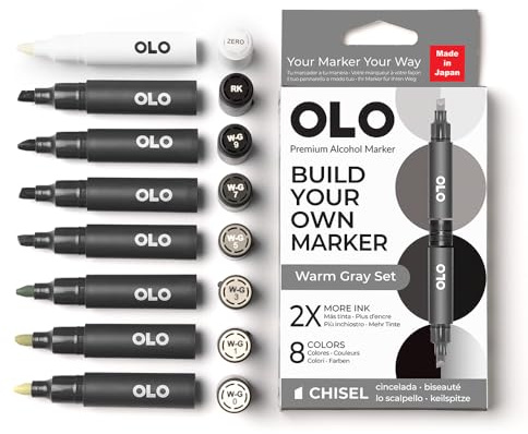 OLO - Set di 8 pennarelli ad alcol con punta a scalpello, colore grigio caldo, personalizzabili con innovativo flusso di inchiostro. Pennarelli professionali per illustrazioni, schizzi, disegni, manga