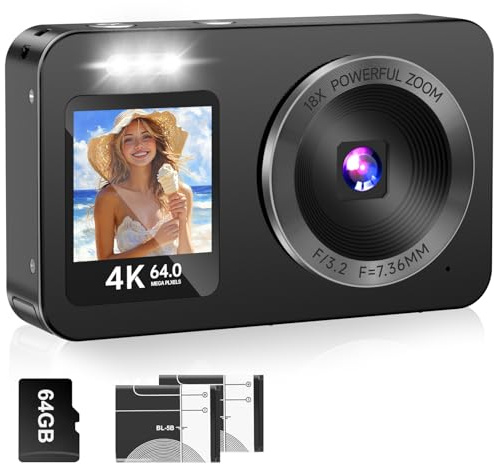 WABL Appareil photo numérique, 4K 64MP UHD double écran, zoom 18x, appareil photo numérique portable avec carte TF de 64 Go, 2 piles rechargeables pour enfants, adolescents, adultes, selfies, cadeaux