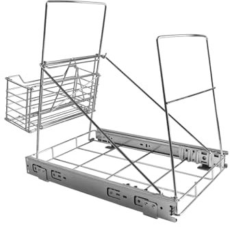 Yallmie Pull Out Trash Can Under Cabinet, Trash Can Slider with Storage Basket Under Sink Trash Can, Adjustable Stainless Steel Slide Out Garbage Shelf for Kitchen, Cabinet, Sink