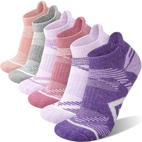 ANTSANG Merino Wool Ankle Hiking Socks Compression Warm Thermal Thick Cushion Winter Running No Show Moisture Wicking Socks Gifts Stocking Stuffers for Women Men 6 Pairs(Pink/Purple,M)