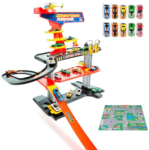 MOLTO | Downtown 3-stöckiges Spielzeugparkhaus + 10 Autos + Spielmatte - Tankstelle, Lift, Waschmaschine - Kinderparkplatz mit Hochgeschwindigkeitsrampe