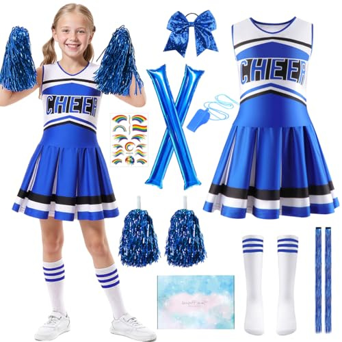 TOSZOLY Disfraz Animadora Niña, Disfraz Cheerleader Niña, Traje de Uniforme de Animador Con Bolas de Flores, Calcetines, Adecuado para Carnaval Halloween Espectáculos de Baile (Azul, 130)