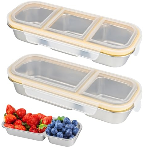 Caja de aperitivos con compartimentos, 2 y 3 compartimentos, caja bento de acero inoxidable, recipientes de almacenamiento de alimentos reutilizables para adultos con tapa hermética, fiambreras para