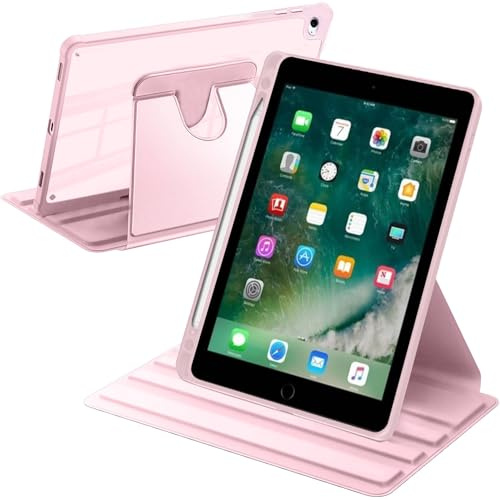 A-BEAUTY Roterande Fodral Kompatibelt med iPad 9,7 Tum (6:e/5:e Generationen, 2018/2017) / iPad Air 2/Air 1, Stöttåligt Fodral Klar Transparent Rygg, Automatisk Väckning/Sömn, Rosa