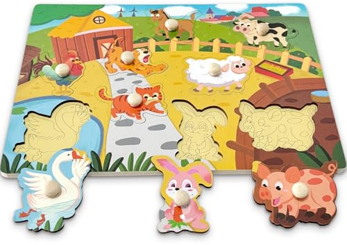 Kulveanju Holzpuzzle 1 Jahr, Montessori Kinder Puzzel mit Griff, Lernspielzeug Puzzle Kleinkind Spielzeug, Baby 1 2 3 Jahr Montessori Tiere Steckpuzzle Holz Spielzeug Geschenk