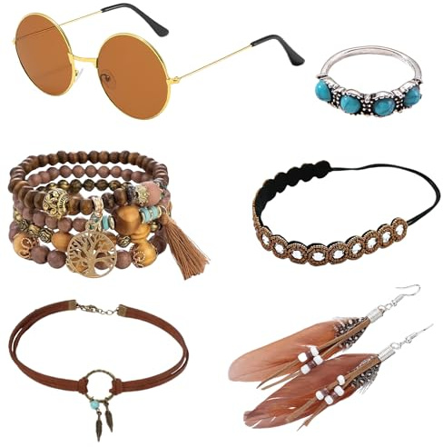 Scinzene 6-teiliges Hippie Kostüm Set Damen Hippie Accessoires, mit Schlüsselbeinkette, Brille, Armband, Kristall-Stirnband, Ringen, Ohrringen | 70er Jahre Outfit für Karneval, Fasching, Halloween