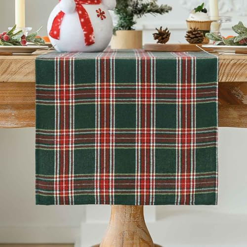Jayusaror Tischläufer Weihnachten Grün Rot Kariert Modern Plaid Schottischen Tartan Weihnachts Läufer Tisch Klein Tischdecke Rustikaler Christmas Table Runner für Hochzeit Party Deko 40x180 cm